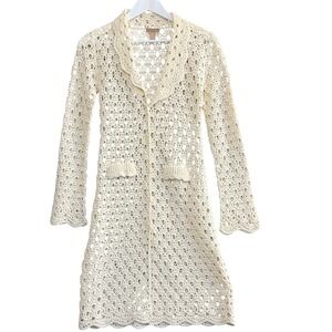 Crochet Longline Cardigan Women M Cream Duster Scalloped Boho Cottagecore Layer